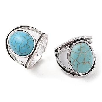 Oval Synthetic Turquoise Cuff Rings, Alloy Wide Open Rings for Women, Cadmium Free & Lead Free, Antique Silver, 23.5mm, Inner Diameter: Adjustable