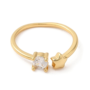 Rack Plating Brass Star Open Cuff Ring with Clear Cubic Zirconia, Golden, Inner Diameter: 16mm