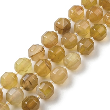 Natural Agate Beads Strands, Faceted Bicone Barrel Drum Beads, with Seed Beads, Dyed, Gold, 12x11mm, Hole: 1.2mm, about 27pcs/strand, 14.49 inch(36.8cm)