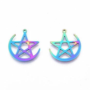 Ion Plating(IP) 201 Stainless Steel Pendants, Moon with Star, Rainbow Color, 26.5x25x1.5mm, Hole: 1.4mm