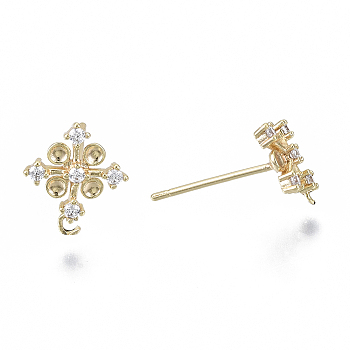 Brass Micro Pave Cubic Zirconia Stud Earring Settings, for Enamel, with Loop, Nickel Free, Flower, Clear, Real 18K Gold Plated, 11x9~10mm, Hole: 1mm, Pin: 0.8mm