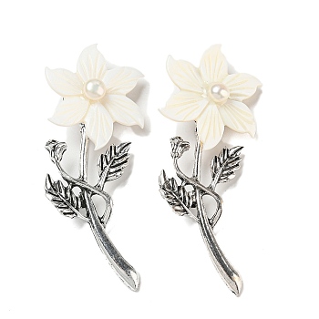 Freshwater Shell Flower Alloy Brooch, with Freshwater Pearls, Antique Silver, Linen, 73.5x30x8mm