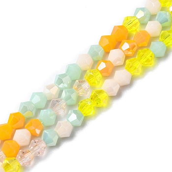 Electroplate Glass Beads Strands, Opaque & Transparent & AB Color Plated, Faceted, Bicone, Yellow, 4x4.5mm, Hole: 0.9mm, about 94~95pcs/strand, 13.86''(35.2cm)