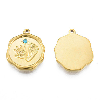 304 Stainless Steel Pendants, with Aquamarine Rhinestone, Nuggets with Fingerprint & Footprints, Real 18K Gold Plated, 19.5x15.5x2.5mm, Hole: 1.4mm