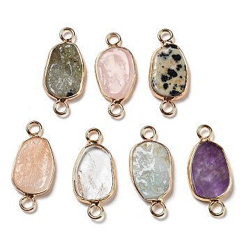 Natural Mixed Stone Connector Charms, Oval Links with Golden Plated Brass Frame, 24~24.5x10.5~11.5x2.5~3mm, Hole: 2.2mm