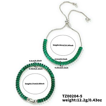 2Pcs 2 Styles Brass Cubic Zirconia Cup Chain Fashionable and Elegant Bracelets Sets, Adjustable Slider Bracelets, Platinum, Green, 6-3/4~10-1/4 inch(17~26cm), 1pc/style