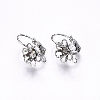 304 Stainless Steel Leverback Earring Findings, with Loop, Flower, Stainless Steel Color, Tray: 5mm , 22x11x12mm, Hole: 1.5mm, Pin: 0.8mm
