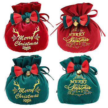 4Pcs 4 Styles Christmas Velvet Candy Apple Bags, Gold Stamping Word Merry Christmas Drawstring Pouches with Bowknot, for Gift Wrapping, Green & Red, Christmas Tree & Reindeer & Word Pattern, Mixed Patterns, 16x17.5cm, 1pc/style