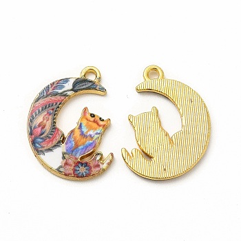 Alloy Printed Pendants, Cadmium Free & Nickel Free & Lead Free, Moon With Owl, Colorful, 20.5x16x1.5mm, Hole: 1.5mm