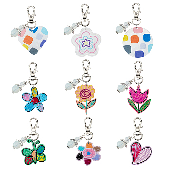 AHADERMAKER Transparent Acrylic Pendant Decorations, with Alloy Swivel Lobster Claw Clasps, Star & Flower & Heart & Butterfly & Flat Round & Angle, Mixed Color, 2-1/2~2-7/8 inch(6.2~7.4cm), 9pcs/box