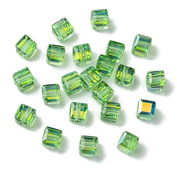 100Pcs Transparent Electroplate Glass Beads, AB Color Plated, Faceted, Cube, Pale Green, 7x7x7mm, Hole: 1.6mm