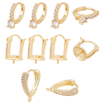 10Pcs 3 Style Brass Micro Pave Clear Cubic Zirconia Hoop Earring Findings, with Horizontal Loops & for Half Drilled Beads, Real 18K Gold Plated, 15.5~18.5x14~16.5x4.5~10.5mm, Hole: 2.5mm, Pin: 0.6~1.2mm