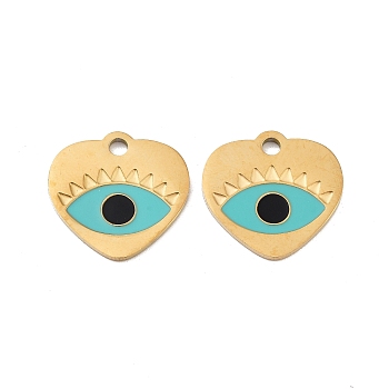 Ion Plating(IP) 316 Surgical Stainless Steel Charms, Nickel Free, with Enamel, Heart with Eye Charm, Real 18K Gold Plated, Dark Turquoise, 14x15x1mm, Hole: 1.8mm