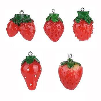 25Pcs 5 Sizes Resin Strawberry Pendants, with Platinum Tone Iron Loops, Imitation Food, Red, 25~36x19~25mm, Hole: 2mm, 5pcs/size, 25pcs/box