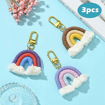 Cotton Macrame Rainbow Keychain, with Alloy Swivel Snap Hook Clasps, Mixed Color, 75mm, 3pcs/set