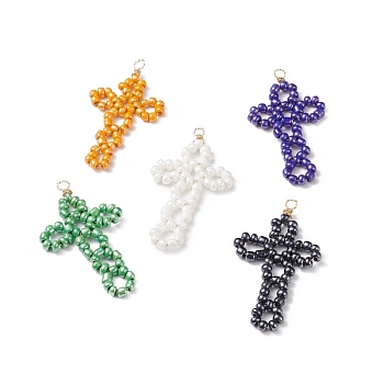 Glass Seed Beaded Big Pendants, with Eco-Friendly Copper Wire, Cross, Religion, Mixed Color, 60x34x4.5mm, Hole: 3.5mm