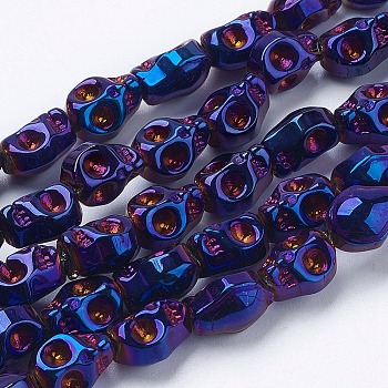 Electroplate Glass Beads Strands, Full Plated, Skull, Purple Plated, 10x8x6~7mm, Hole: 1mm, about 100pcs/strand, 35.4 inch