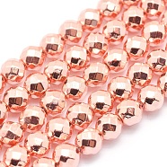 Electroplate Non-magnetic Synthetic Hematite Beads Strands, Grade AAA, Long-Lasting Plated, Faceted, Round, Rose Gold Plated, 6mm, Hole: 1mm, about 73pcs/strand, 15.7 inch(40cm)(G-L485-03D-RG)