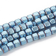 Electroplate Non-magnetic Synthetic Hematite Beads Strands, Hexagonal Prisms, Blue Plated, 2.5x2.5x2mm, Hole: 0.8mm, about 160pcs/strand, 16.1 inch(G-T061-152A)