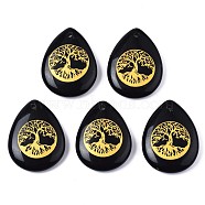 Natural Black Stone Pendants, Teardrop with Tree of Life Pattern, 32~33.5x25~26x6.5~7.5mm, Hole: 2mm, 6pcs/bag(G-T122-71A)