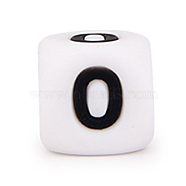 Silicone Beads, for Bracelet or Necklace Making, Black Arabic Numerals Style, White Cube, Num.0, 10x10x10mm, Hole: 2mm(SIL-TAC001-03A-0)