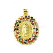 Real 18K Gold Plated Brass Micro Pave Cubic Zirconia Pendants, Oval with Virgin, Colorful, 31.5x24.5x3mm, Hole: 3.5x4.5mm(KK-H472-16G-01)