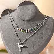 304 Stainless Steel & Colorful Glass Beads Double Layer Necklaces, Bird Pendant Necklaces for Women, Stainless Steel Color, 16.22 inch(41.2cm)(NJEW-Z061-03P)