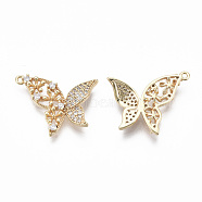 Brass Micro Pave Clear Cubic Zirconia Pendants, Nickel Free, Butterfly with Flower, Real 18K Gold Plated, 17x18x2.5mm, Hole: 0.9mm(KK-S355-008-A-NF)