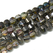 Electroplate Glass Beads Strands, Rainbow Plated, Faceted, Round, Dark Khaki, 6x5x5mm, Hole: 1mm, about 95~96pcs/strand, 17.20 inch(43.7cm)(EGLA-Q094-A18)