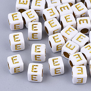 Plating Acrylic Beads, Horizontal Hole, Golden Metal Enlaced, Alphabet Style, Cube, Letter.E, 5.5~6x5.5~6x5.5~6mm, Hole: 3.5mm(X-SACR-S297-09E)