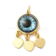 Real 18K Gold Plated Brass Pendants, with Acrylic and Jump Ring, Flat Round with Evil Eye Charms, Pale Turquoise, 28x14x5mm, Hole: 3.4mm(KK-A198-01G-01)