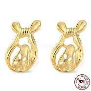 925 Sterling Silver Stud Earring Settings, Mouse, for Half Drilled Beads, with S925 Stamp, Real 18K Gold Plated, 18x11.5mm, Pin: 11x0.9mm and 0.7mm(STER-M115-01G)