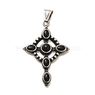 Antique Silver 304 Stainless Steel Pendants, Cross Pendants, with Glass, Black, 50x35x5.50mm,Hole:7.50mm(STAS-R140-05AS-01)