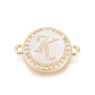 Brass Micro Pave Cubic Zirconia Links, with Shell, Long-Lasting Plated, Lead Free & Cadmium Free & Nickel Free, Real 18K Gold Plated, Flat Round with Letter, Clear, Letter.K, 13.5x18.5x4.5mm, Hole: 1.4mm(ZIRC-L078-006K-NR)