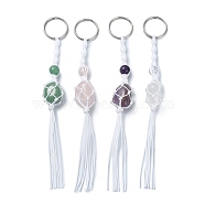 4Pcs Nuggets Natural Quartz Crystal & Rose Quartz & Green Aventurine & Amethyst Nylon Cord Macrame Pouch Keychain, 11.7~18.2cm(KEYC-JKC00560-S)