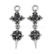 316 Surgical Stainless Steel Micro Pave Cubic Zirconia Pendants, Antique Silver, Flower & Star Charm, Black, 28.5x10x3.5mm, Hole: 2.2mm(STAS-G349-03AS-01)