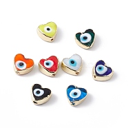 Handmade Evil Eye Lampwork Beads, with Brass Findings, Lead Free & Cadmium Free, Long-Lasting Plated, Heart, Mixed Color, 11~11.5x12~12.5x5.5~6mm, Hole: 1.5mm(LAMP-F025-01)