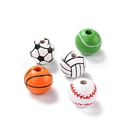 Natural Wood Beads, Dyed, Round, Mixed Sports Ball Patterns, Mixed Shapes, 15.5x14.5mm, Hole: 3.2mm(WOOD-K006-AM)