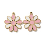 Ion Plating(IP) 316L Surgical Stainless Steel Pendants, with Enamel, Real 18K Gold Plated, Flower Charm, Pink, 16x14.5x1.5mm, Hole: 1mm(STAS-D035-02G-G)