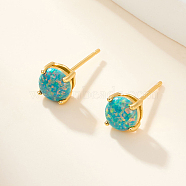 Fashionable S925 Sterling Silver Inlaid Opal Stud Earrings, Flat Round, Golden, 6mm(NO4806-1)