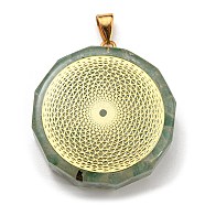 Natural Green Aventurine Polygon Pendants, Polygon Charms with Golden Plated Alloy Round Slice, 39.5x35x10.5mm, Hole: 6.5x4mm(PALLOY-K012-02C-02)