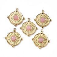 Vacuum Plating 201 Stainless Steel Natural Rose Quartz Pendants, Real 18K Gold Plated, Flat Round Charms, 20.5x18x4mm, Hole: 1.2mm(STAS-C064-VC888)