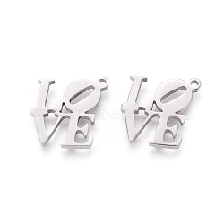 201 Stainless Steel Charms, Manual Polishing, Word LOVE, Stainless Steel Color, 13x13x1.5mm, Hole: 1.2mm(X-STAS-F231-049P)