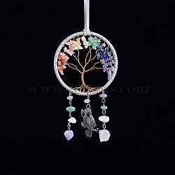 Natural & Synthetic Mixed Gemstone Tree of Life with Owl Hanging Ornaments, Pendant Decorations, 350mm(TREE-PW0002-12)
