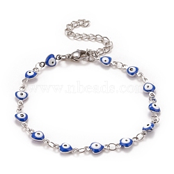 Enamel Heart with Evil Eye Link Chains Bracelet, 304 Stainless Steel Jewelry for Women, Stainless Steel Color, Blue, 6-3/4 inch(17.1cm)(BJEW-P271-06P-02)