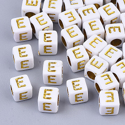 Plating Acrylic Beads, Horizontal Hole, Golden Metal Enlaced, Alphabet Style, Cube, Letter.E, 5.5~6x5.5~6x5.5~6mm, Hole: 3.5mm(X-SACR-S297-09E)