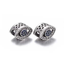 Hollow 925 Sterling Silver European Beads, Large Hole Beads, with Cubic Zirconia, Carved with 925, Evil Eye, Thai Sterling Silver Plated, 9x13x7.5mm, Hole: 4.5mm(OPDL-L017-009TAS)