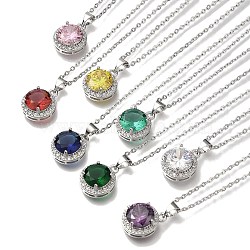 304 Stainless Steel Cable Chain Necklaces, Brass Clear Cubic Zirconia Flat Round Pendant Necklaces, Platinum & Stainless Steel Color, Mixed Color, 17.91 inch(45.5cm)(NJEW-H040-22P)