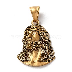 Ion Plating(IP) 304 Stainless Steel Pendants, Jesus Face Charm, Antique Golden, 31.5x23.5x5.5mm, Hole: 4.5x8.5mm(STAS-D067-13AG)