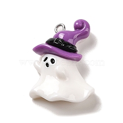 Opaque Resin Pendants, Halloween Charms with Platinum Tone Alloy Loops, White, Ghost with Witch Hat, 30x21x8.5mm, Hole: 1.5mm(RESI-K020-03J)